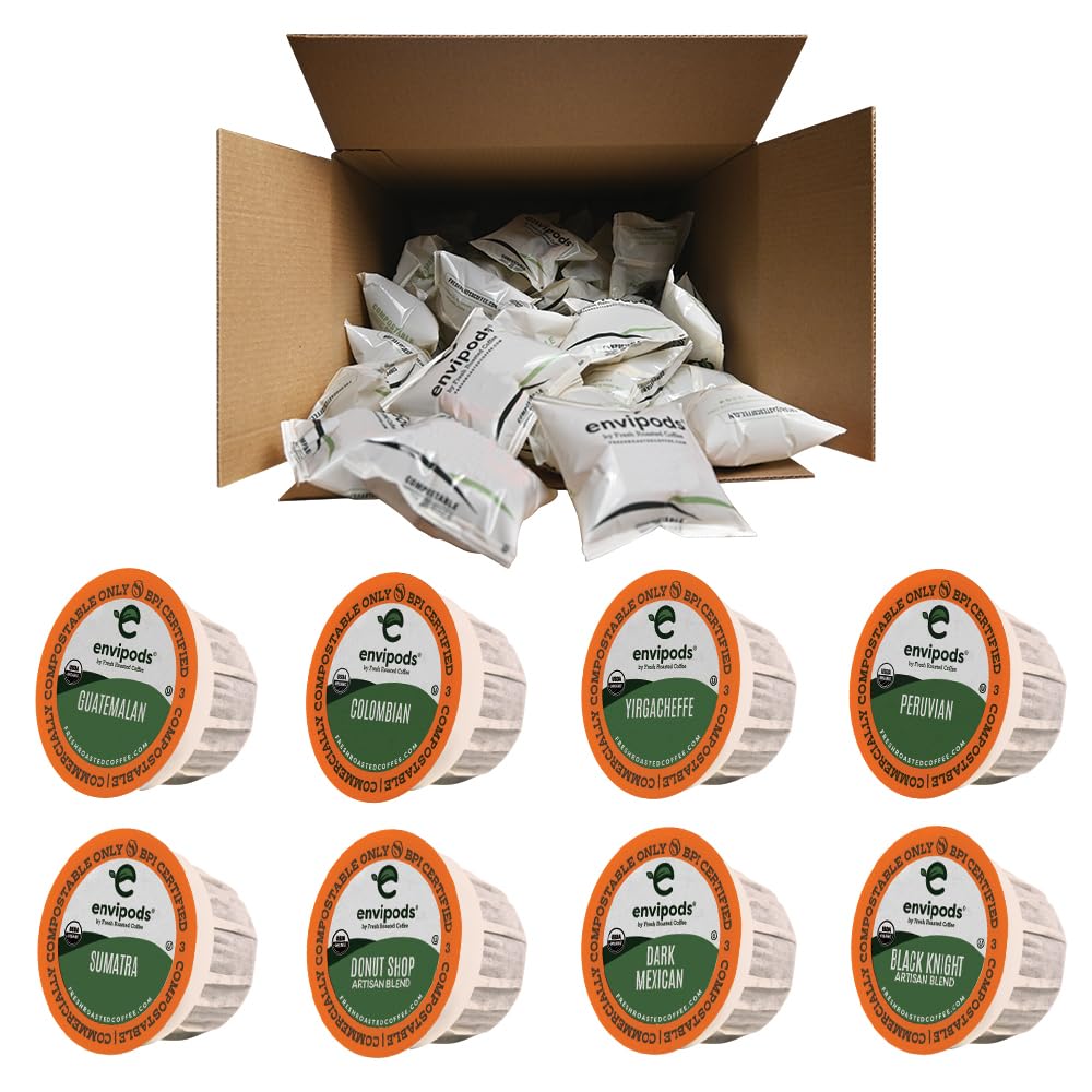 Fresh Roasted Coffee Jumbo Organic Envipods Assortment, 80 Count for K Cup Brewers, BPI Compostable, USDA Organic, Kosher