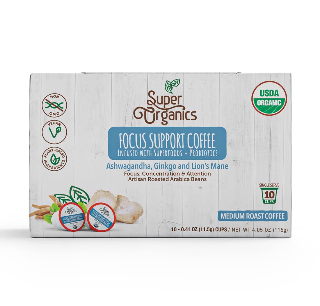 Super Organics Focus Support Coffee Brew Cups, Medium Roast, Vegan, Non-GMO, 10 Count