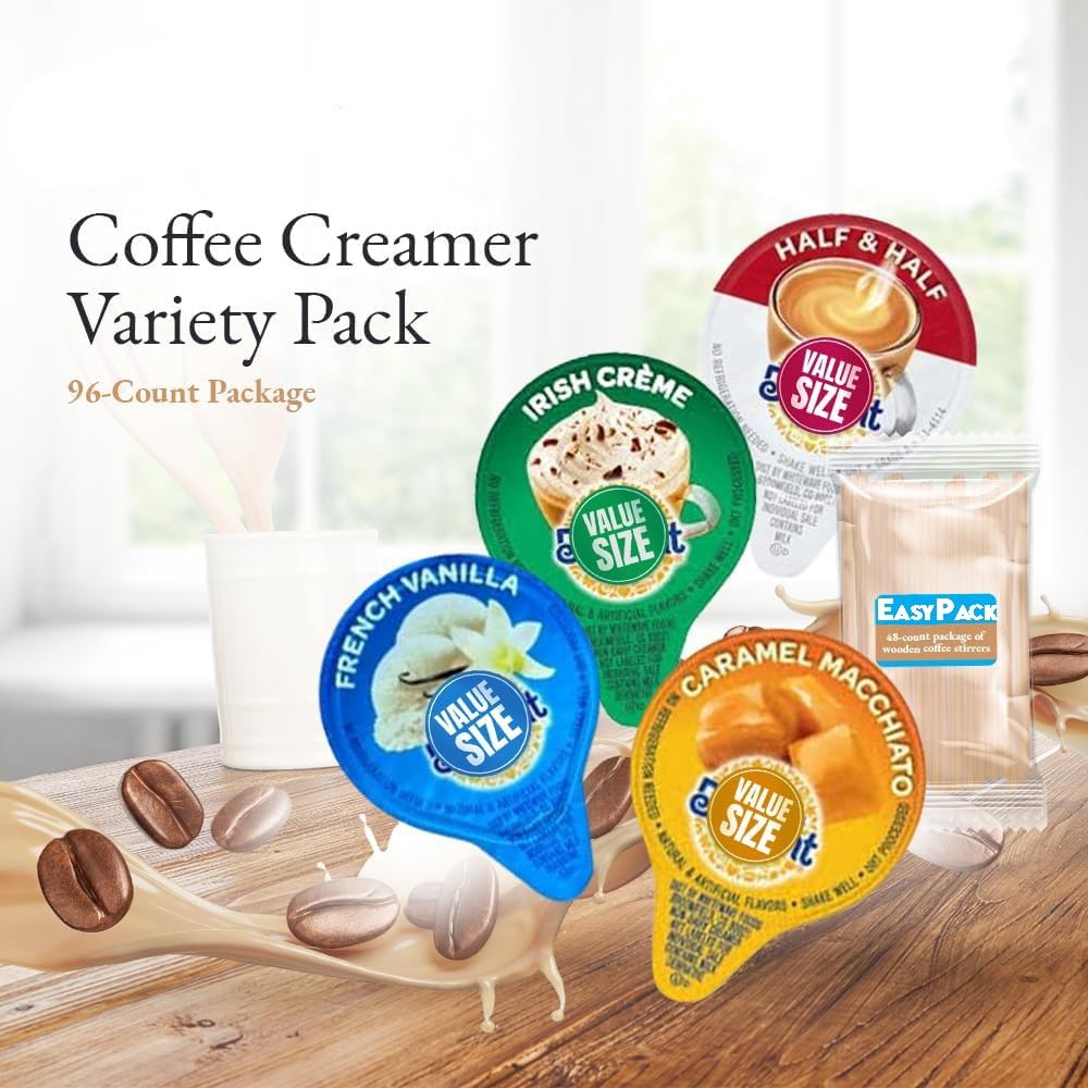 Easypack Coffee Creamer Liquid Singles Delight Caramel Macchiato, French Vanilla, Irish Cream And Lakes Mini Moo'S Half And Half