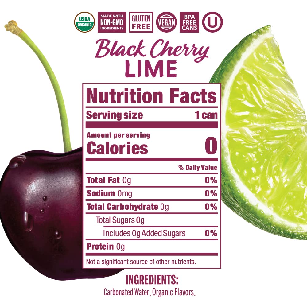 Nixie Sparkling Water, Black Cherry Lime | 12 Fl Oz Cans, 24 Pack | Organic, Vegan, Non-Gmo, Gluten Free, 0 Calories, 0 Sugar, 0