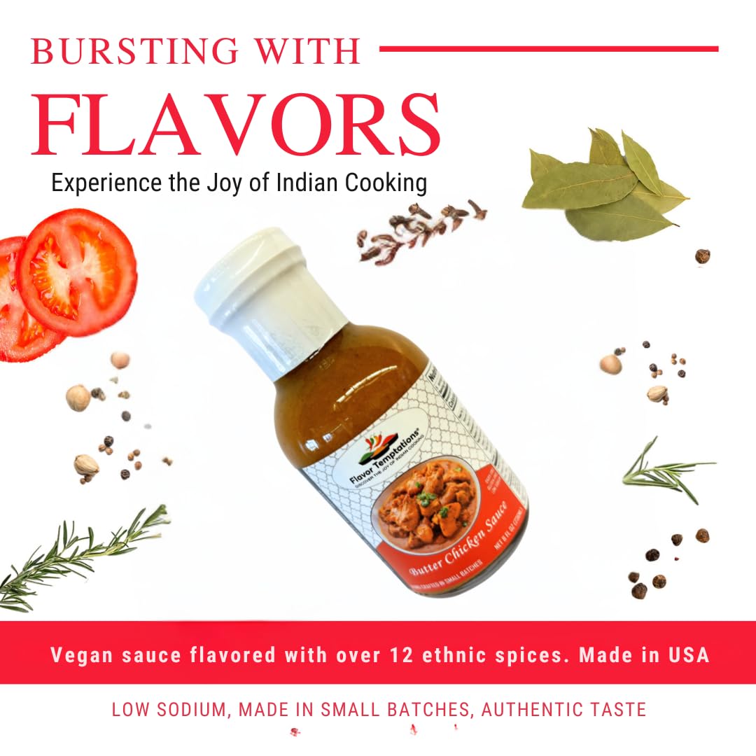 Butter Chicken Makhani Indian Curry Simmer Sauce By Flavor Temptations | Authentic, Vegan, Gluten-Free, Low Sodium (8 Fl Oz Glas