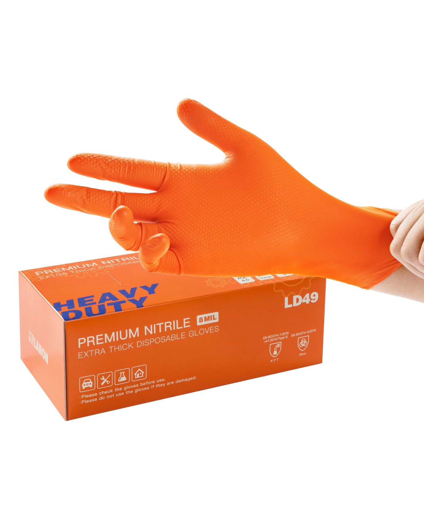 Lanon 8Mil Orange Disposable Nitrile Gloves, Mechanic, Heavy Duty, Food Safe, Latex Free, Powder Free, Fully-Diamond Textured, X