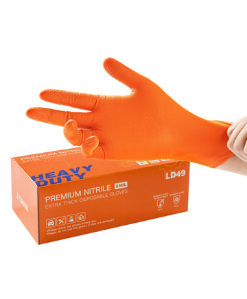 Lanon 8Mil Orange Disposable Nitrile Gloves, Mechanic, Heavy Duty, Food Safe, Latex Free, Powder Free, Fully-Diamond Textured, X