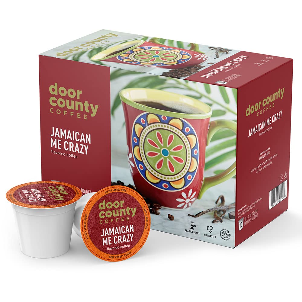 Door County Coffee Jamaican Me Crazy Flavored Ground Coffee Medium Roast Single Serve Cups 10 Count