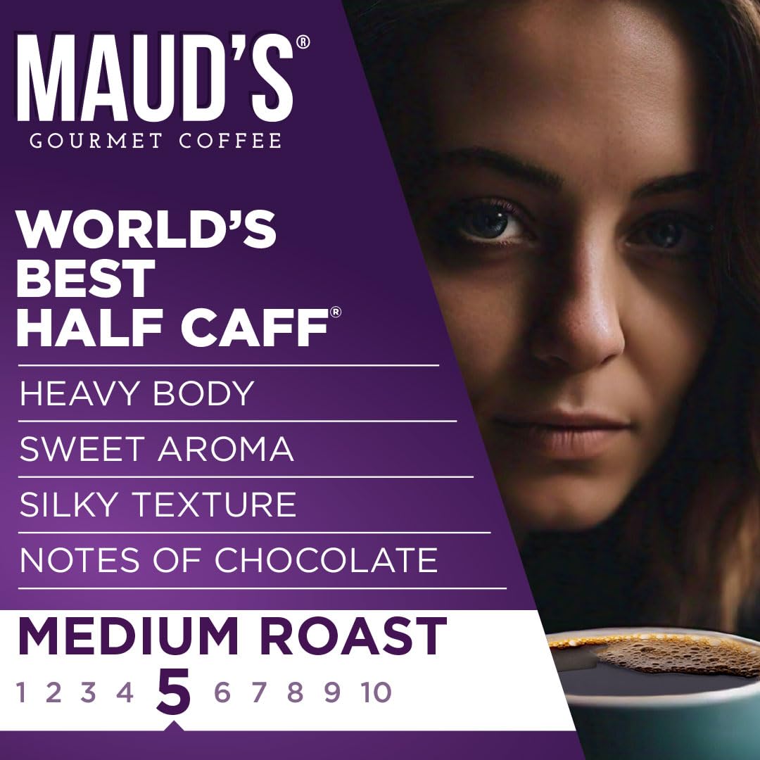 Maud'S Half Caff Medium Roast Ground Coffee, 20 Ounces | World'S Best Half Caff | 100% Arabica Medium Roast Coffee | Solar Energ