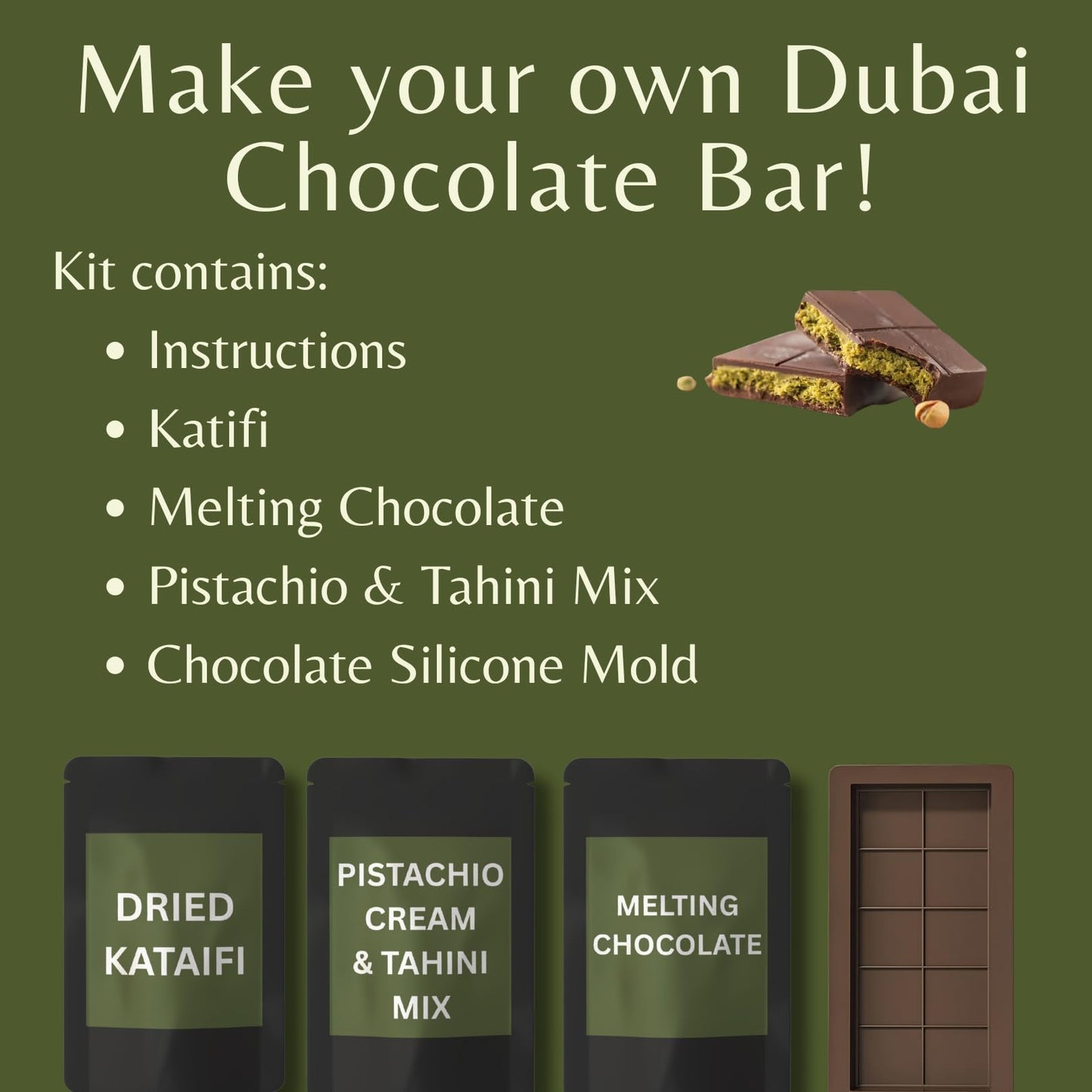 Dubai Chocolate Bar Kit Master DIY Kit with Pistachio Cream, Tahini, Jumbo Mold, Milk Chocolate Melting Wafers - Big Size