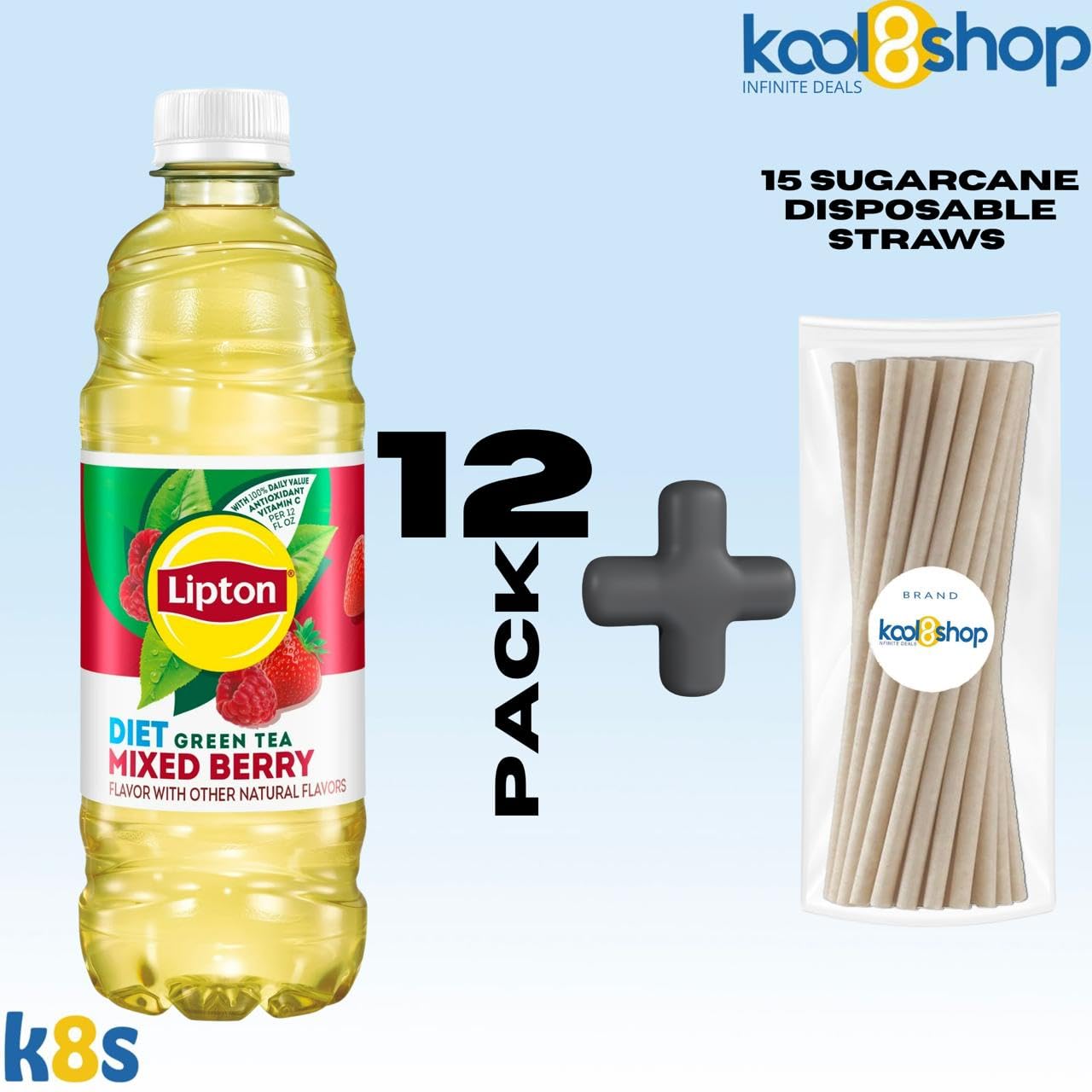 Lipton Diet Mixed Berry Green Tea 16.9 Fl Oz Plastic Bottle 12 Pack + 15 Sugarcane Disposable Straws By Kool8Shop Infinite Deals