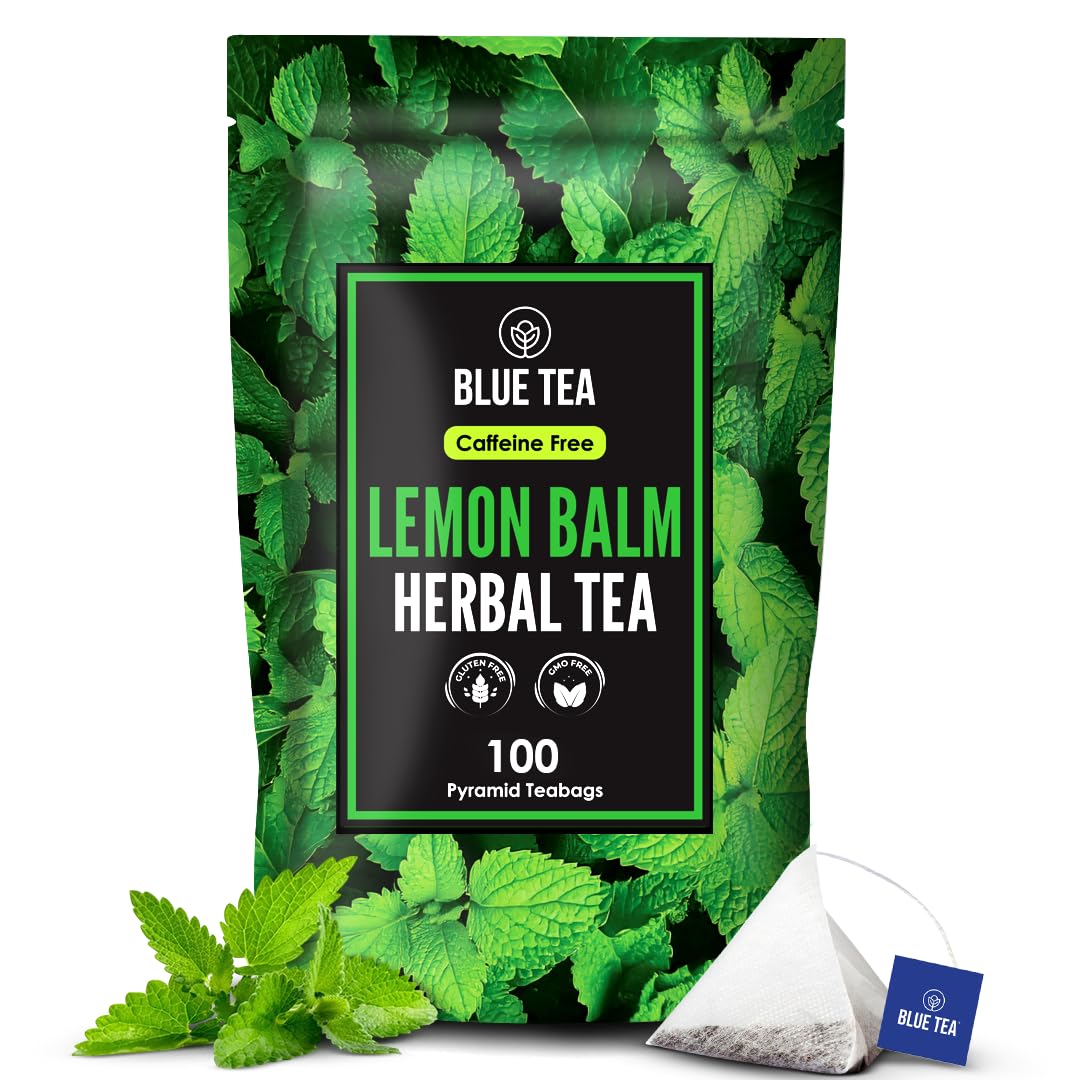 BLUE TEA Lemon Balm Tea Bags - 100 Count, Caffeine-Free, Refreshing Citrus Flavor, Plant-Based, Ziplock Pouch