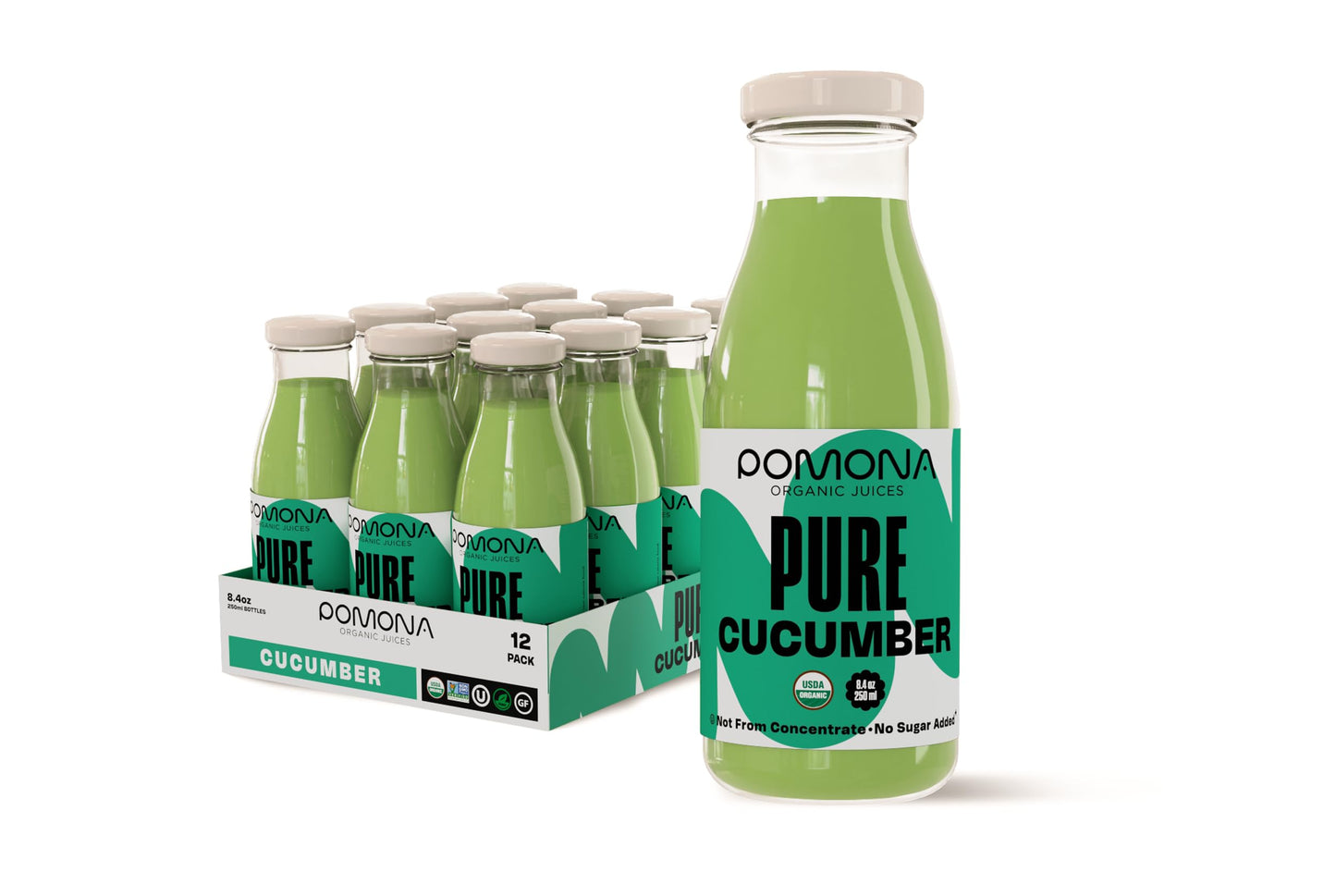 Pomona Organic Juices Pure Cucumber Juice  8.4 Ounce Bottle (Pack of 12)  Cold Pressed Organic Juice  Non-GMO  No Sugar Added  Not from Concentrate  Gluten Free  Kosher Certified  Preservative Free