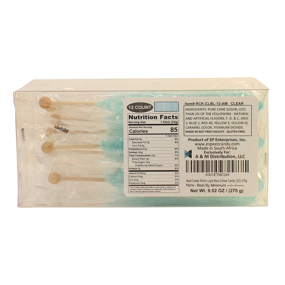 Espeez Extra Large Rock Candy Sticks - 12 Count, Light Blue Cotton Candy, Individually Wrapped for Candy Buffets and Events
