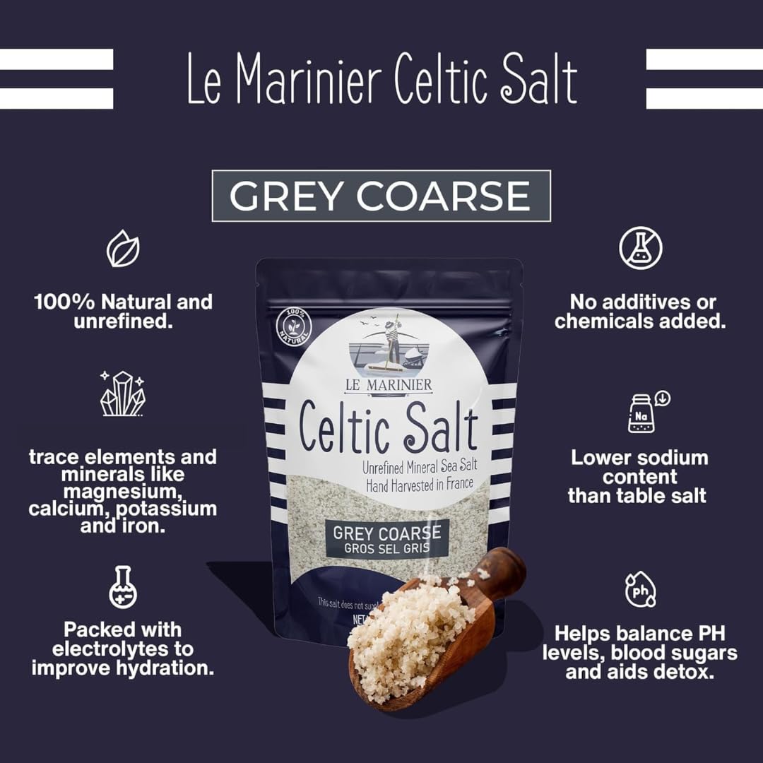Le Marinier Celtic Salt Organic Grey Coarse, 5lb Mineral Rich 100% Natural and Unrefined French Sea Salt Organic. Hand Harvested