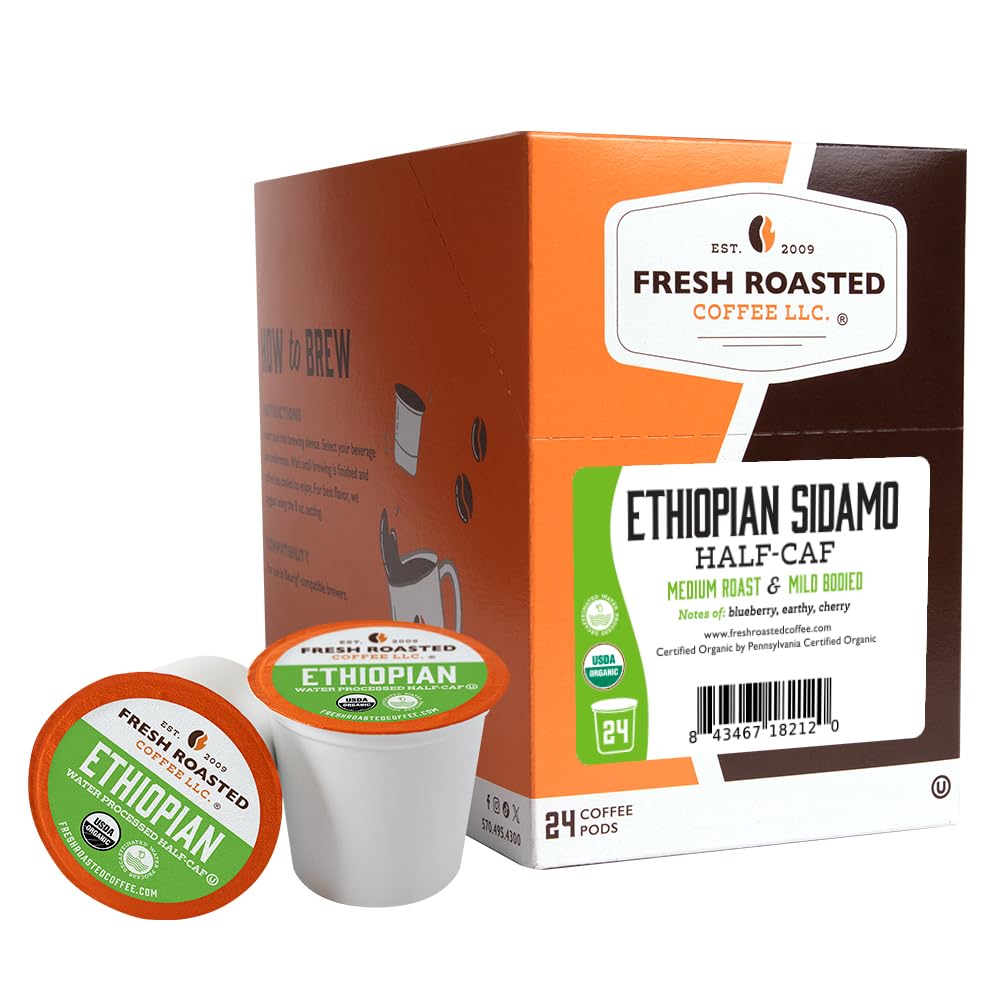 Fresh Roasted Coffee Organic Ethiopian Sidamo Half-Caf K-Cup Compatible 24 Pods