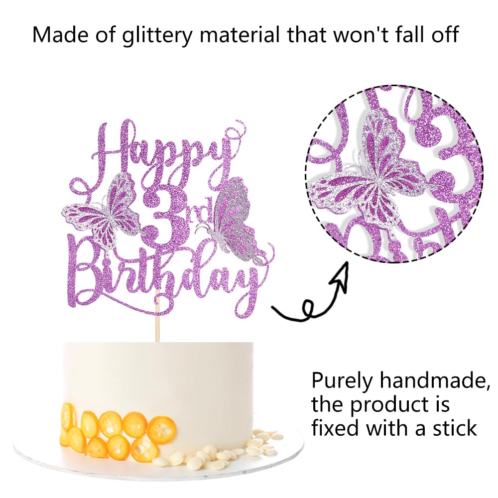 Kaoenla 3D Butterfly Cake Topper, Glitter Theme for 3rd Birthday, Purple Paper Decor