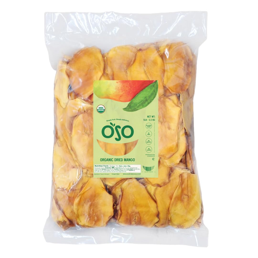 Oso Snacks Organic Dried Mango Slices, 5LB Bulk Bag, No Sugar Added, 100% Fruit, Premium Quality