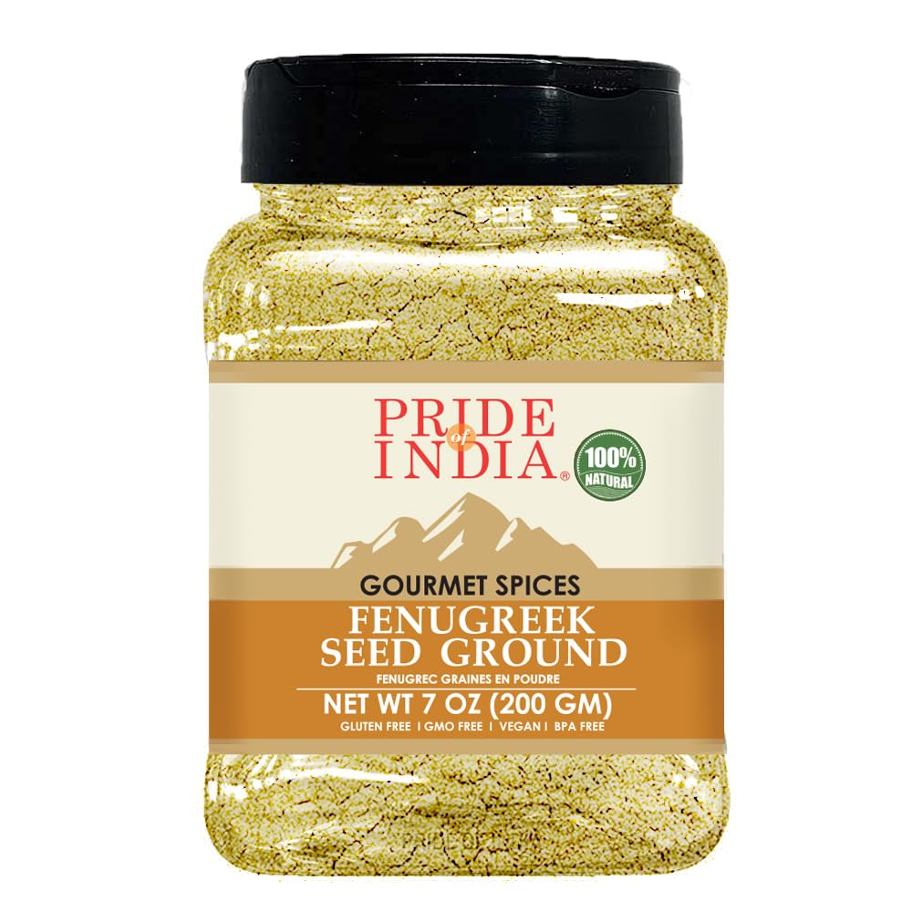 Pride Of India Fenugreek Ground Spice - Vegan, Gluten & GMO-Free - 7 oz. Medium Dual Sifter Jar - Ideal for Cooking & Meat Seasoning