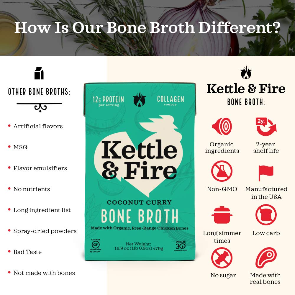 Kettle & Fire Coconut Curry & Lime Chicken Bone Broth, Keto & Paleo, Gluten Free, 16.9 oz (Pack of 3)