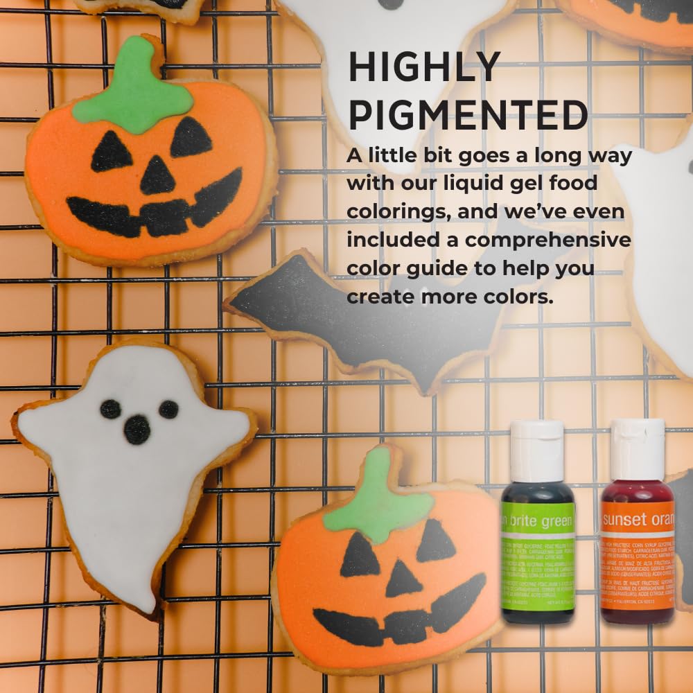 Chefmaster Halloween Colors Liqua-Gel Food Coloring Kit, 4 Pack, Water-Based, Highly Pigmented, 0.7 Fl Oz Each, Black