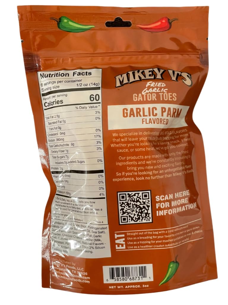 Mikey Vs Garlic Parmesan Gator Toes, Deep Fried Garlic Snacks, 3.9 oz.