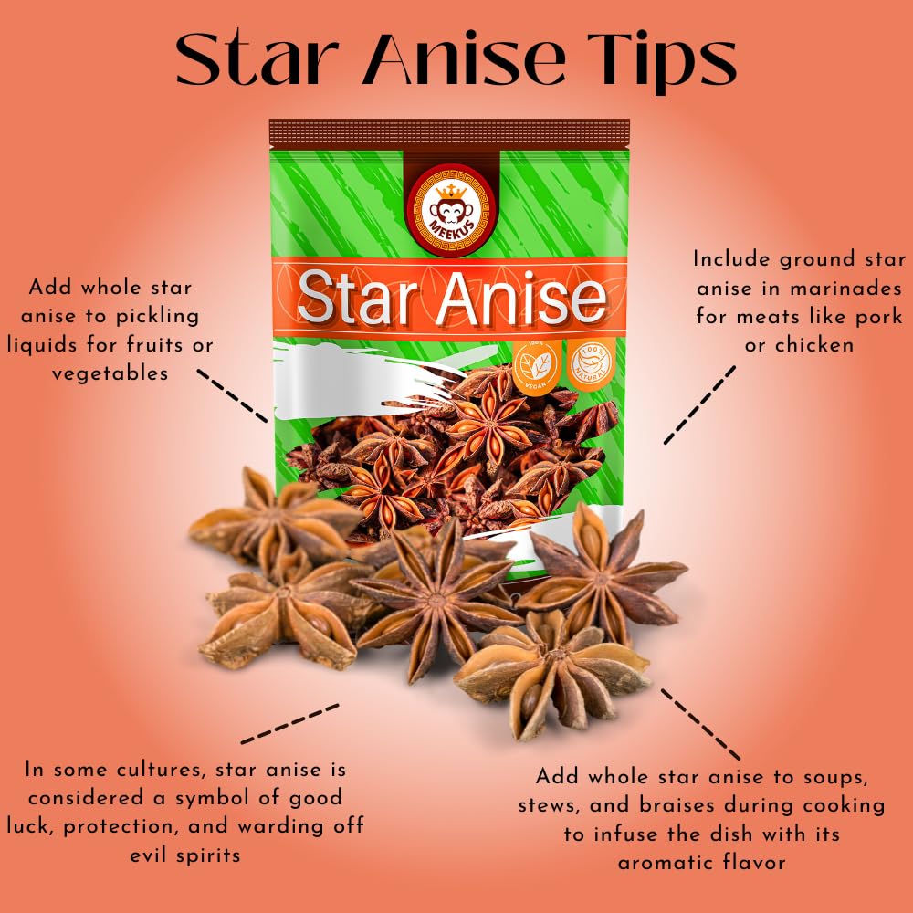 Meekus Star Anise (Anis Estrella) Anise Seeds, Star Anise Whole, Whole Chinese Star Anise Pods For Tea And Baking, 12 Oz