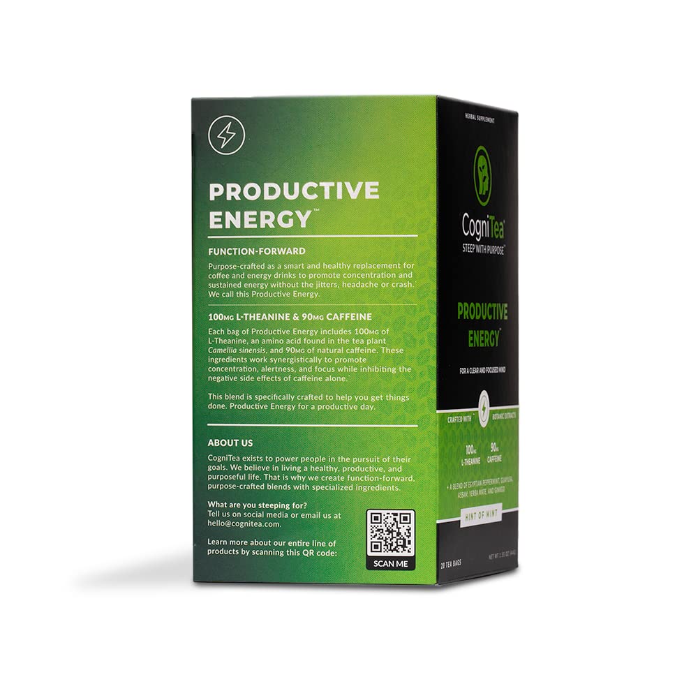 CogniTea Productive Energy Tea - 100mg L-Theanine, 90mg Caffeine, Organic Guayusa & Yerba Mate, Assam Black Tea