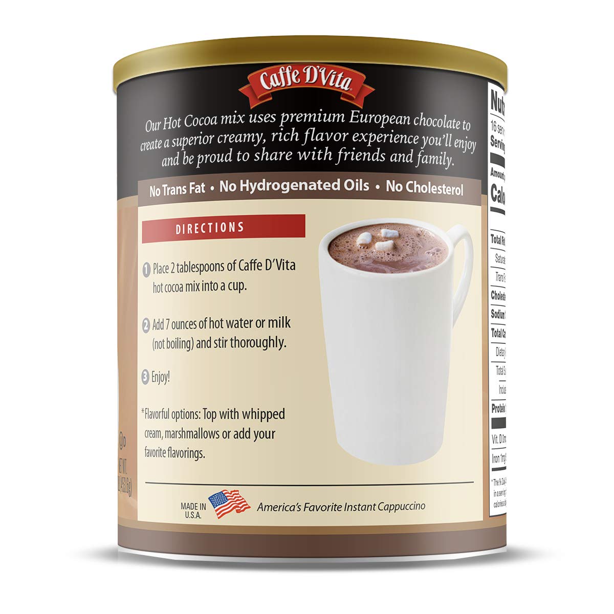 Caffe Dvita Hot Cocoa Mix - Hot Chocolate Mix, Gluten Free, Low Fat, No Cholesterol, No Hydrogenated Oils, No Trans Fat, Kosher,