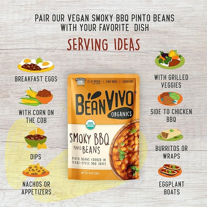 BeanVIVO Organic Plant-Based Protein BBQ Pinto Beans, Gluten-Free, 10 oz (Pack of 3) - Good Source of Fiber, Nutritious Microwave Meals
