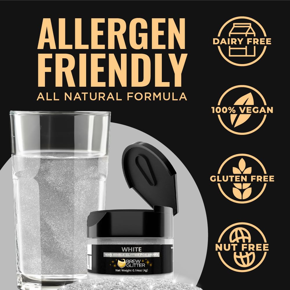 Bakell Brew Glitter - Shimmering Edible Glitter for Beverages, 4g Shaker Jar, White