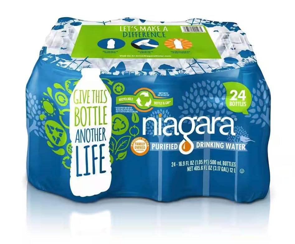 Niagara 16.9 fl oz Purified Drinking Water Bottles (24-Pack), BPA-Free Eco-Air Bottles, Reverse Osmosis & Micron Filtration, Gre