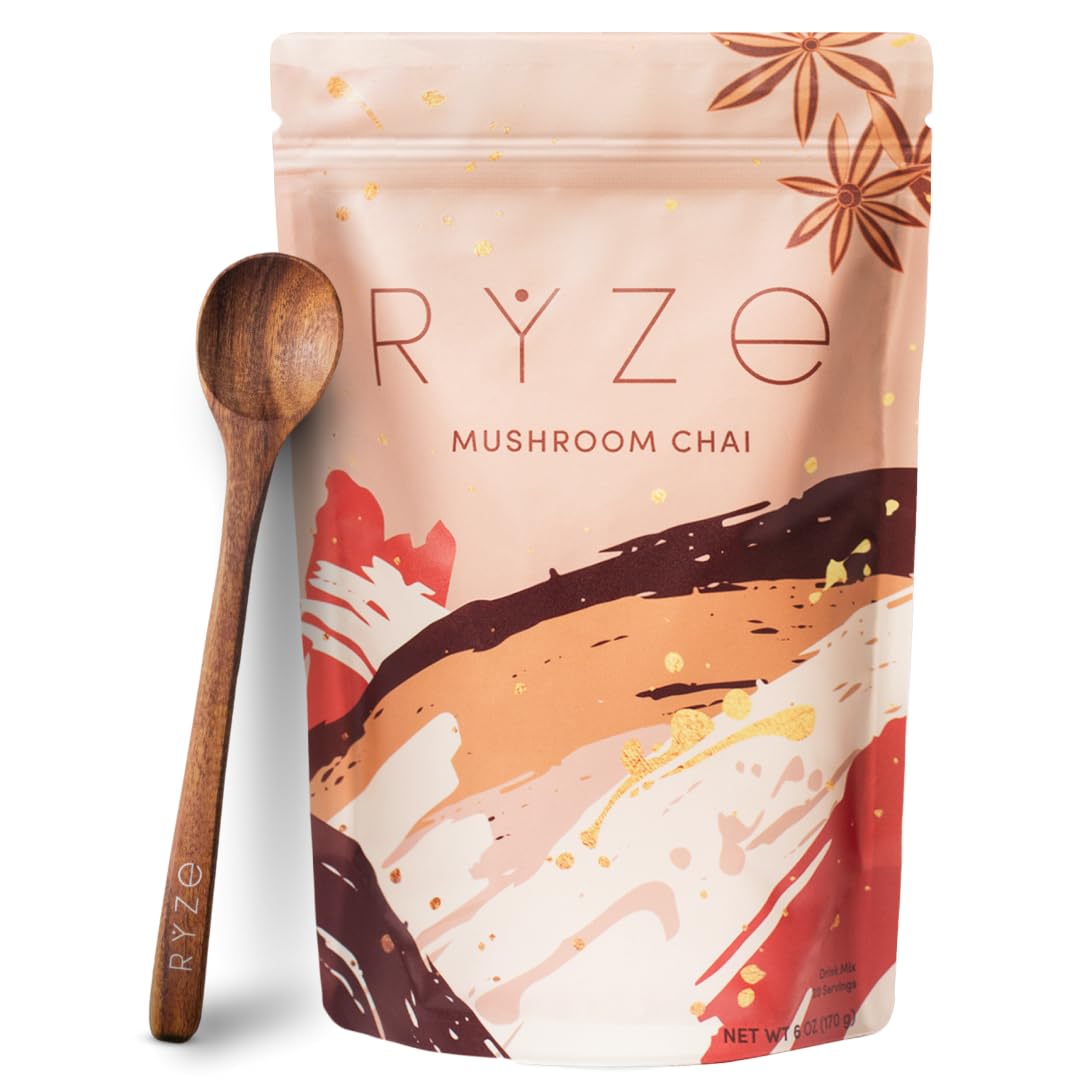 RYZE SUPERFOODS Mushroom Chai with 6 Organic Adaptogenic Mushrooms for Better Energy, Focus, Digestion, Immunity with USA Grown