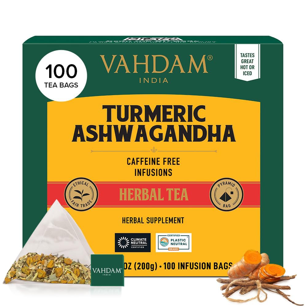 VAHDAM Turmeric Ashwagandha Herbal Tea Bags - 100 Count, Caffeine Free, Non-GMO, Gluten Free, Sweet & Earthy Flavor