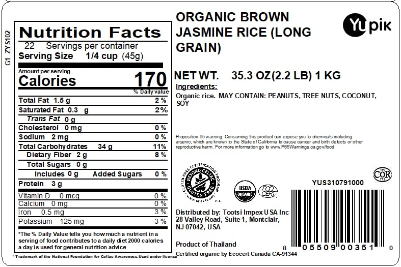 Yupik Rice, Organic Brown Long Grain Jasmine, 2.2 lb, Non-GMO, Vegan, Gluten-Free (Pack of 2)