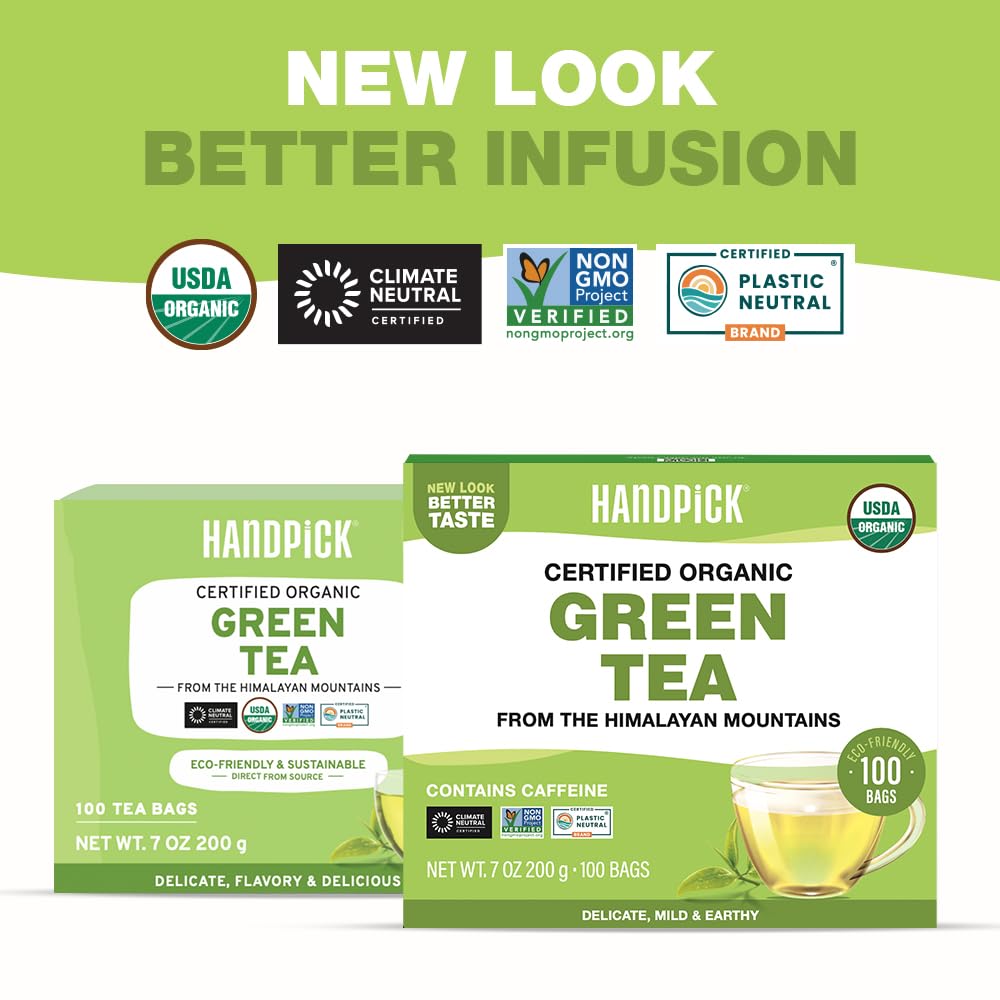 HANDPICK Organic Green Tea Bags - 100 Count - Eco-friendly Resealable Bag - Direct from India