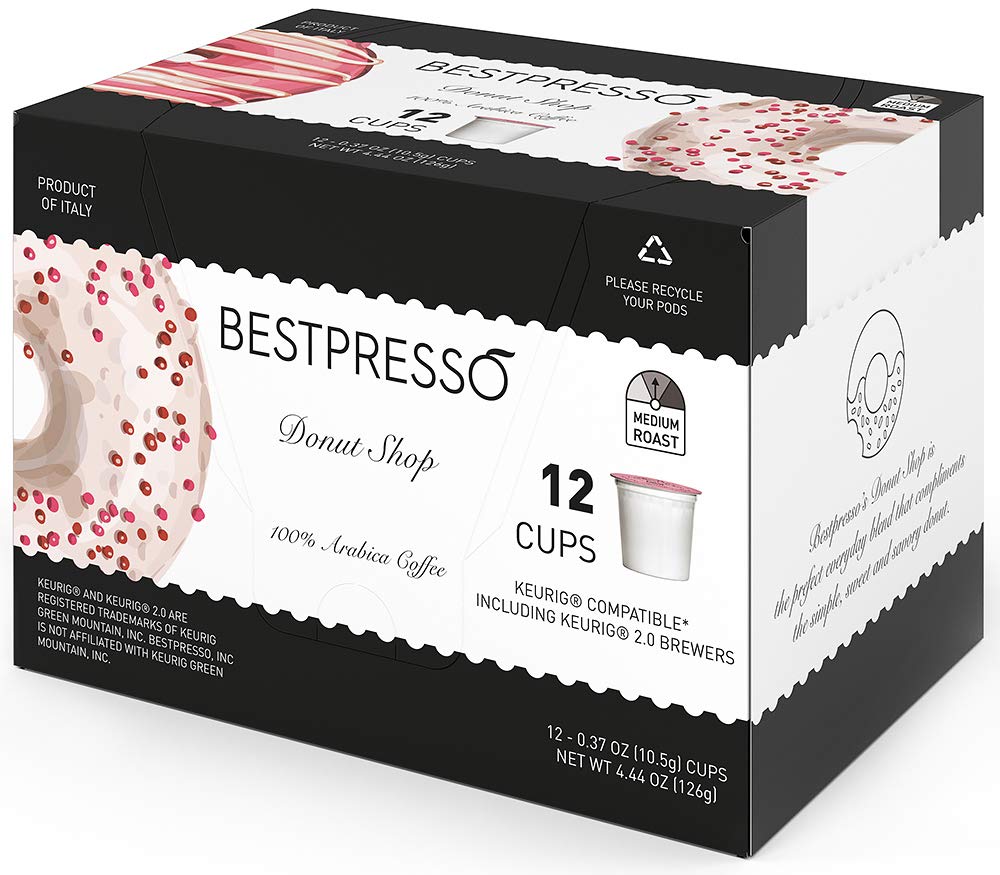 Bestpresso Coffee K-Cup Pods, Donut Shop Medium Roast, 96 Count, Compatible with 2.0 Keurig malt-inspired, 8 Packs of 12 Cups