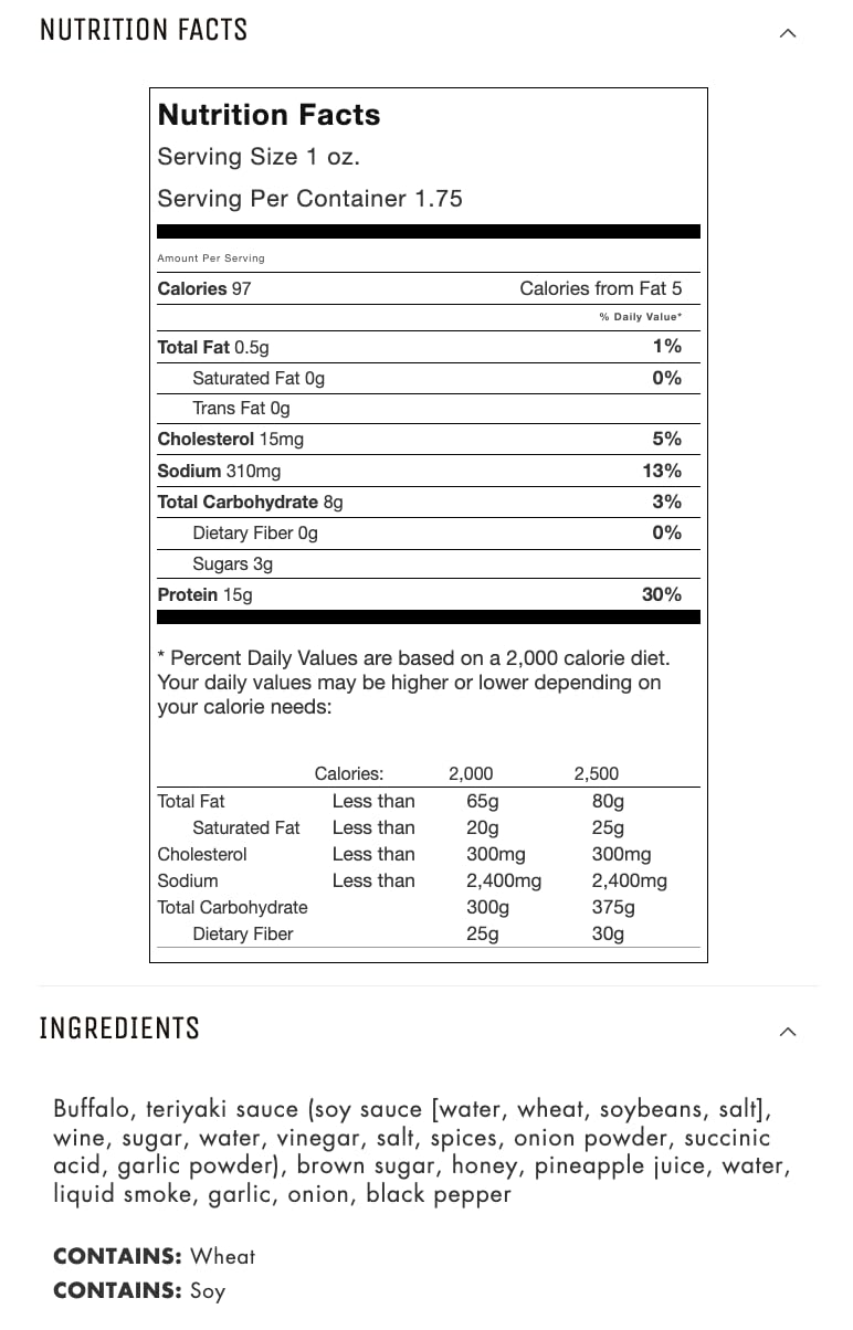 Jerky.Com Exotic Teriyaki Buffalo Jerky - Wild Game Meat Snacks, Exotic Snacks, High-Protein, All-Natural, No Added Preservative