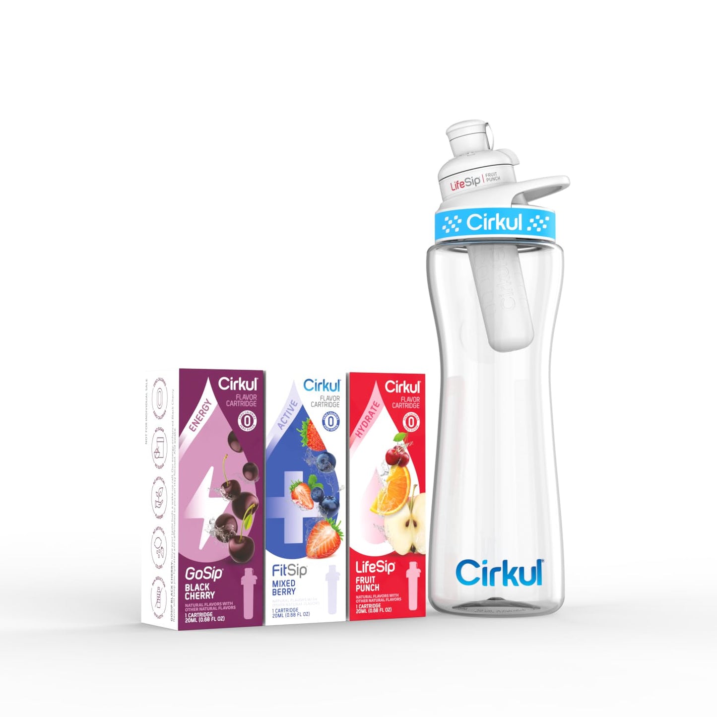 Cirkul 22Oz. Bpa-Free Plastic Water Bottle Starter Kit With Blue Lid, 3 Flavor Cartridges (1 Lifesip Fruit Punch, 1 Fitsip Mixed