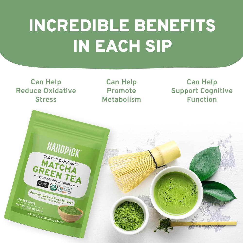 Handpick Japanese Organic Matcha Green Tea Powder (100 Servings) - Authentic Premium Second Flush Harvest | Resealable Ziplock P
