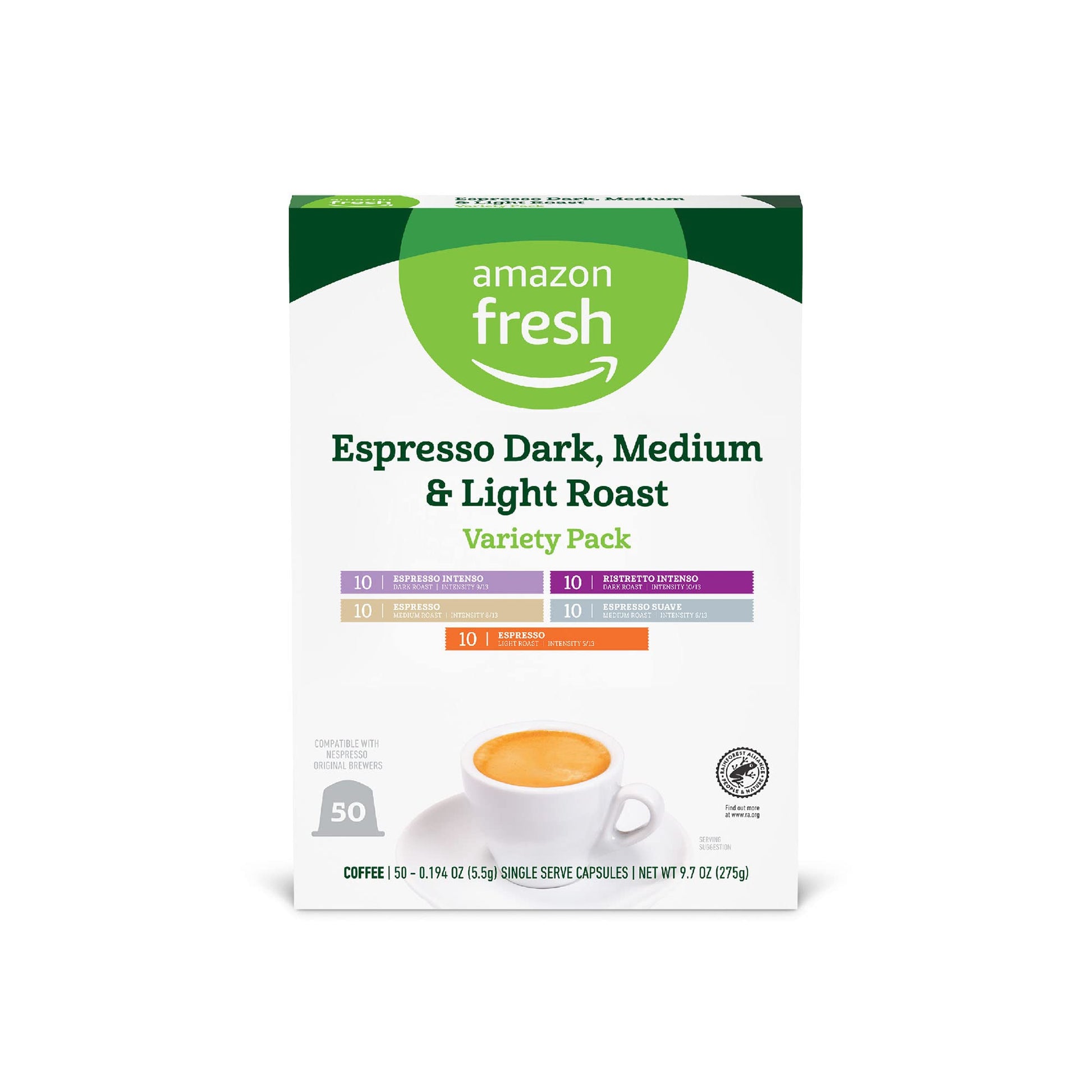 Amazon Fresh Espresso Variety Pack, Compatible with Nespresso Original, 50 Aluminum Capsules, Dark, Medium & Light Roast, 10 Count (Pack of 5)