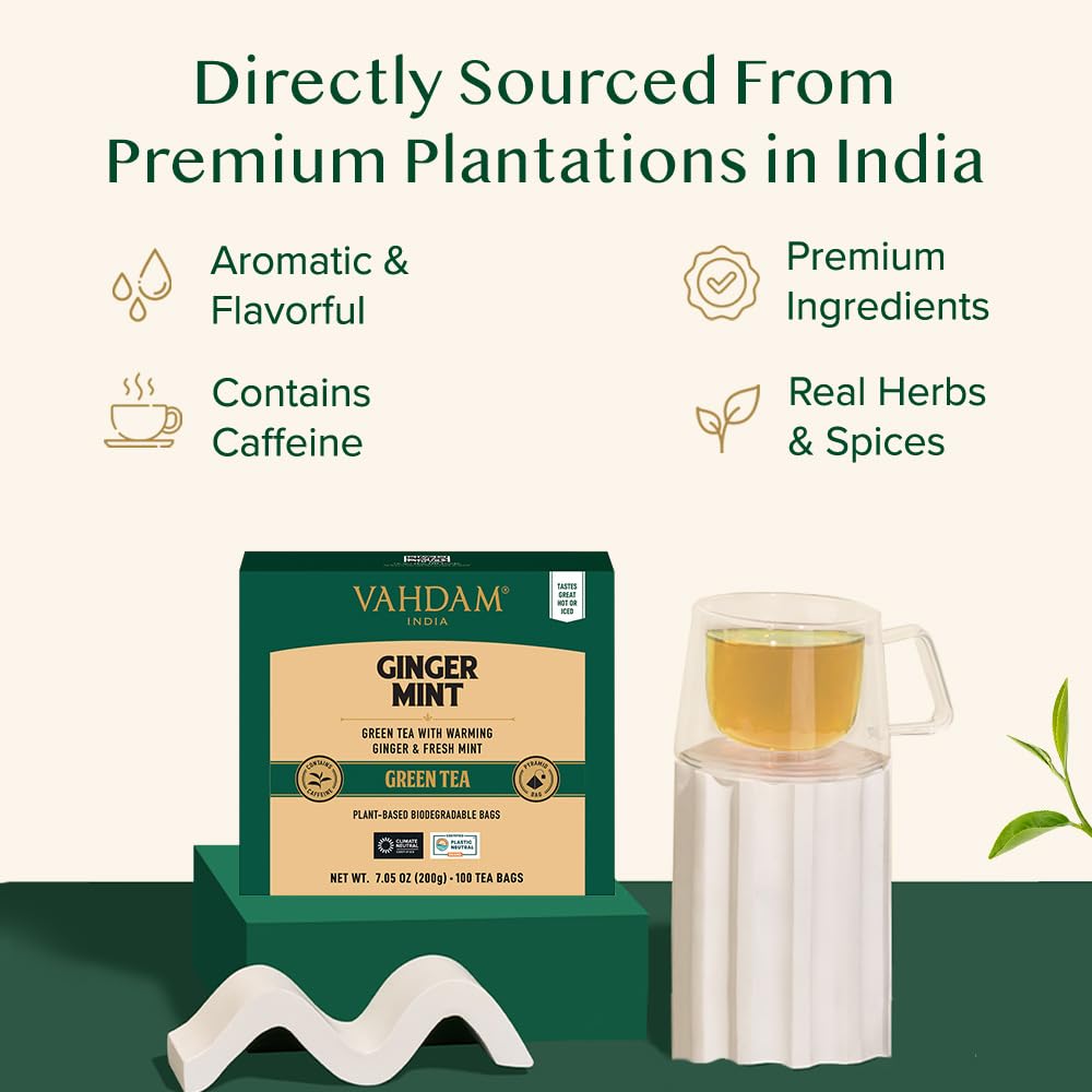 Vahdam, Ginger Mint Green Tea Bags (100 Count) High Grown Green Tea With Raw Ginger | Medium Caffeine | Non Gmo, Gluten Free | Mint Tea Bags | Resealable Ziplock Pouch