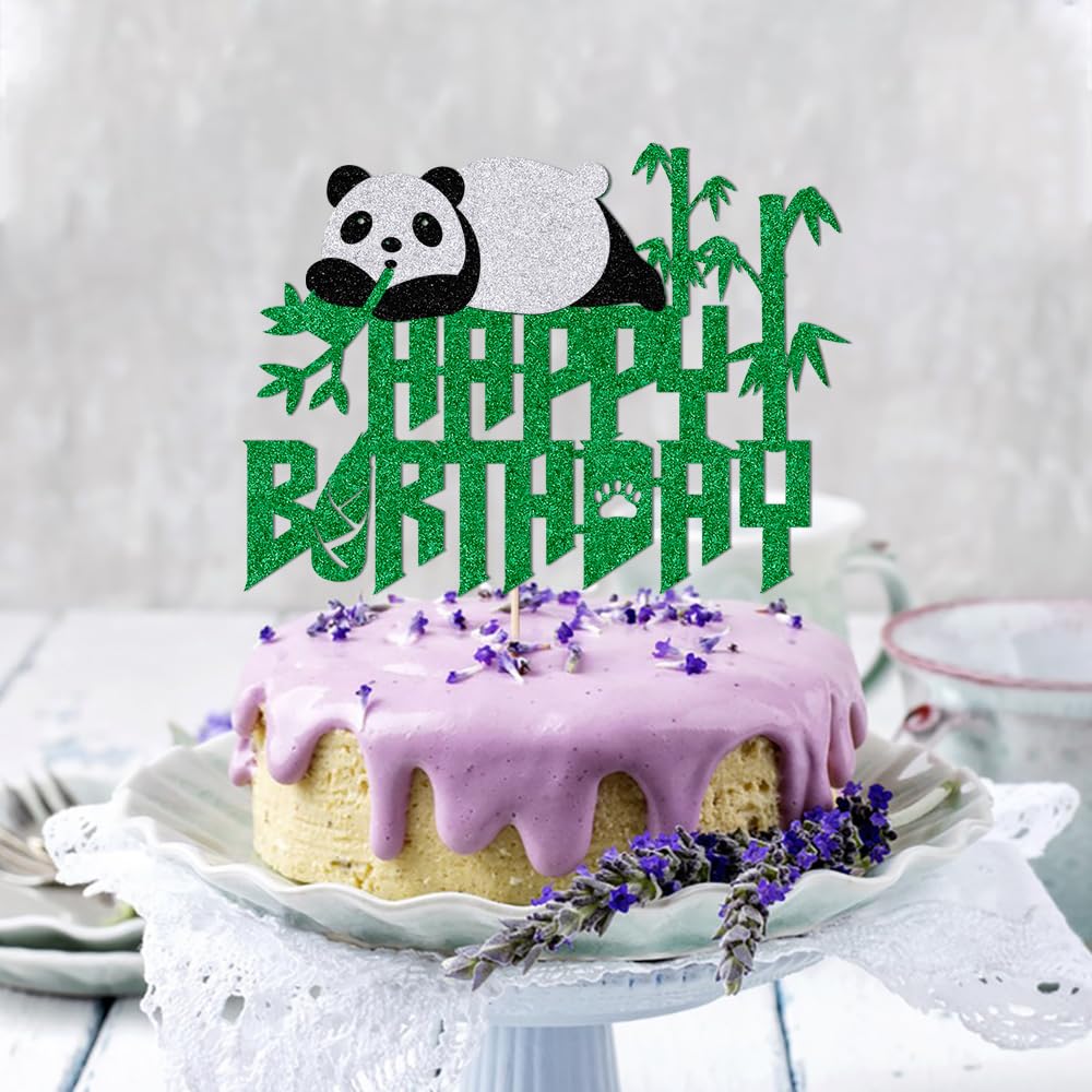 Panda Happy Birthday Cake Topper-Green Panda Bear Bamboo Birthday Cake Decoration,Jungle Animals Theme Party Decoration,Baby Sho