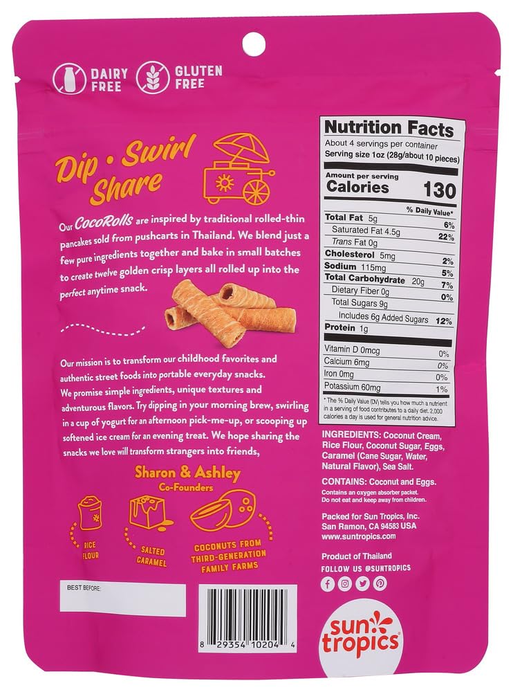 Sun Tropics Non-Gmo Rolled Coconut Wafer Rolls 4Oz, 2 Pack (Salted Caramel)