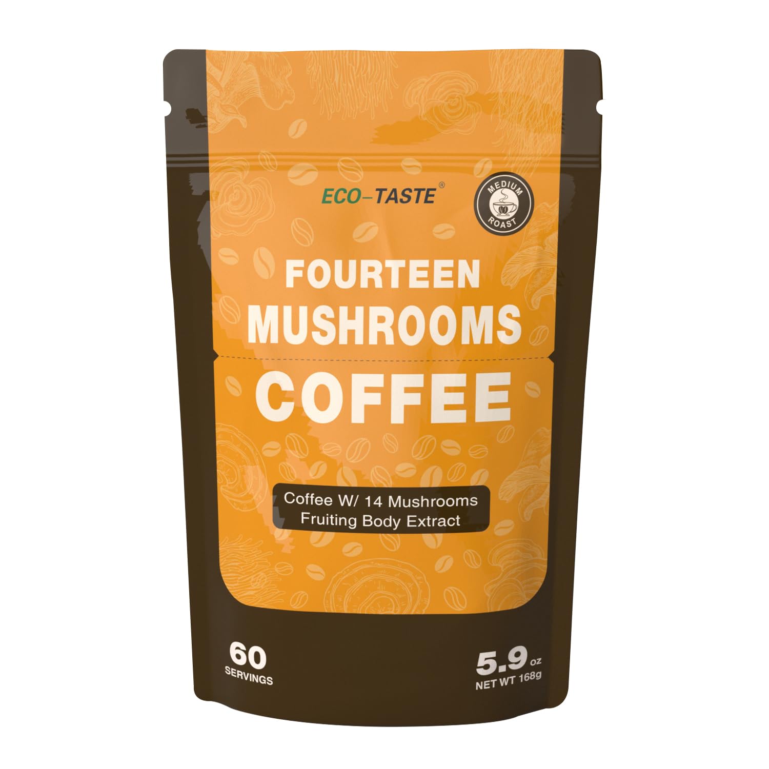 ECO-TASTE Mushrooms Coffee 14 in 1-60 Servings, Arabica Coffee with Lion's Mane, Reishi, Maitake, Turkey Tail, Chaga Fruiting Bo