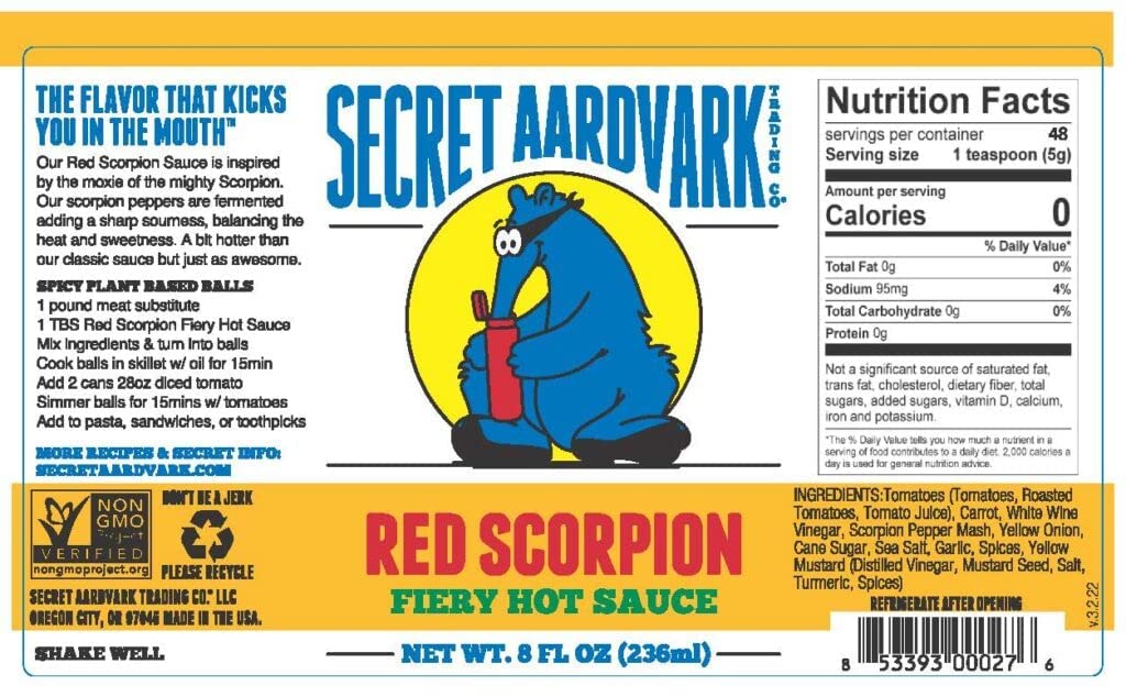 Secret Aardvark Red Scorpion Hot Sauce - Hottest Hot Sauce, Low Carb, Dairy Free, Spicy Bbq Sauce, Hot Sauce & Marinade - 8 Fl O