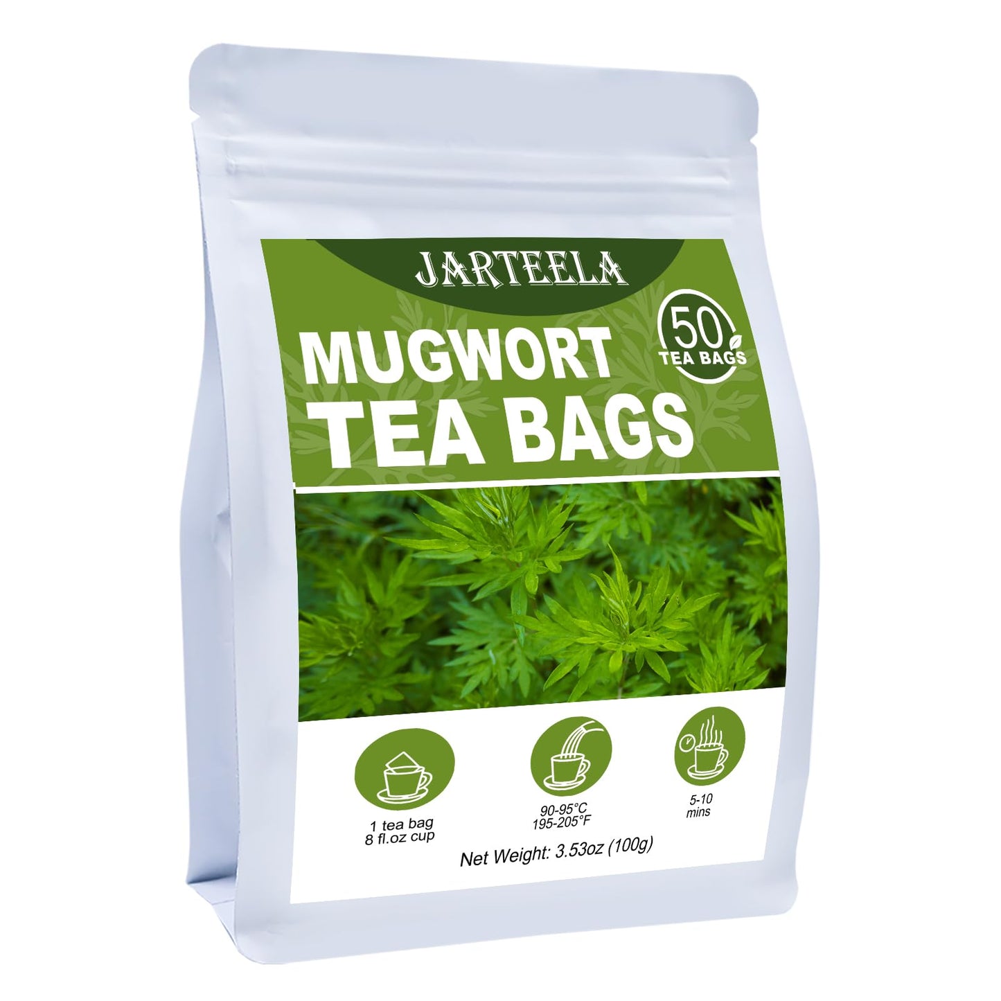 Jarteela Mugwort Tea Bags - Natural Herbal Tea for Digestion, Caffeine-Free, Non-GMO, 50 Count