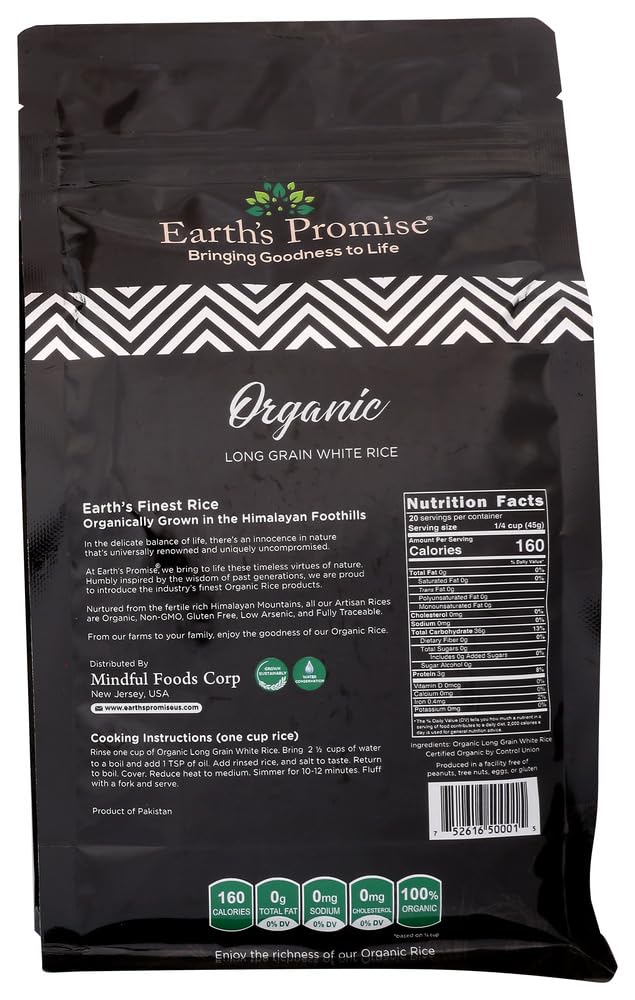 Earth'S Promise - Organic Long Grain White Rice 32 Oz (5-Pack) - Organic, Non-Gmo, Gluten Free, Allergen Free, Low-Arsenic, Sust
