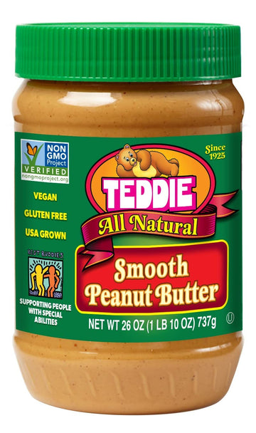 Teddie All Natural Smooth Peanut Butter, Gluten Free & Vegan, Plastic Jar (26 Ounce (Pack of 6))