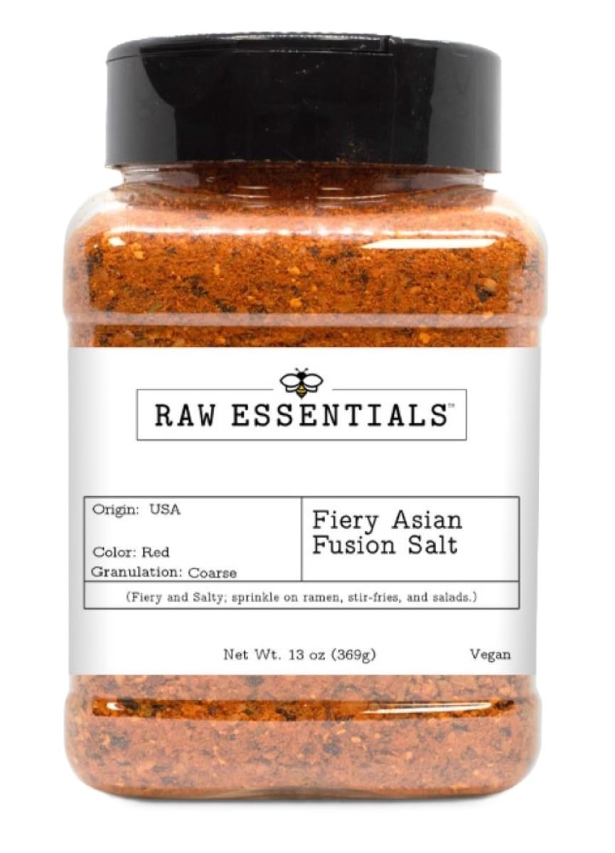 Raw Essentials Fiery Asian Fusion Salt - Spicy Seasoning for Ramen, Stir-fries, Gyoza - 13 Ounce Bottle
