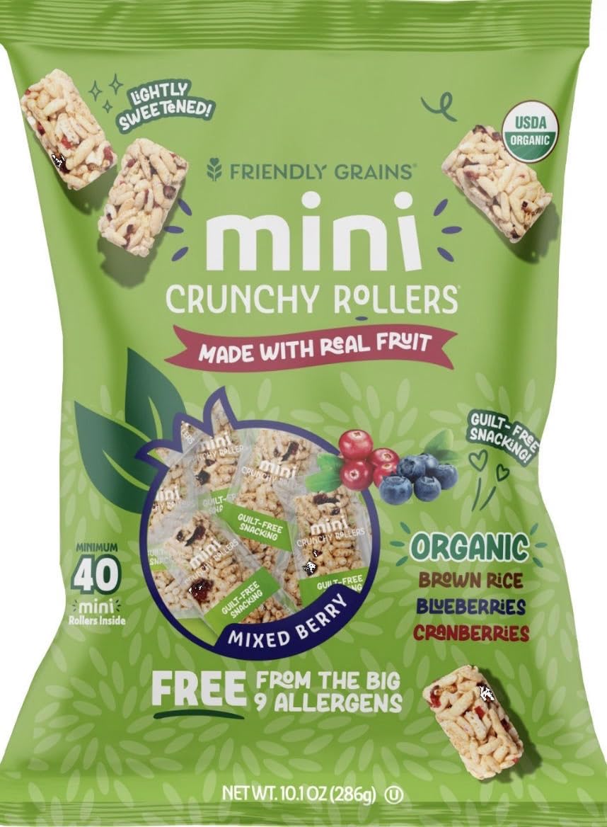Organic Brown Rice Mini Crunchy Rollers Mixed Berry, Made with Real Fruit, 40 Individually Wrapped Snacks, Flavor with Blueberri