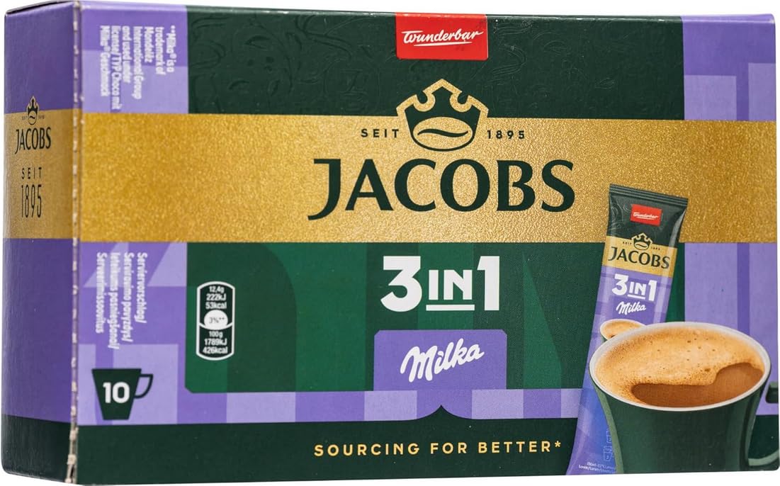Jacobs 3in1 Milk Chocolate Instant Coffee Drink Mix with Sugar and Creamer, Creamy European-Style Coffee with Smooth Chocolate F