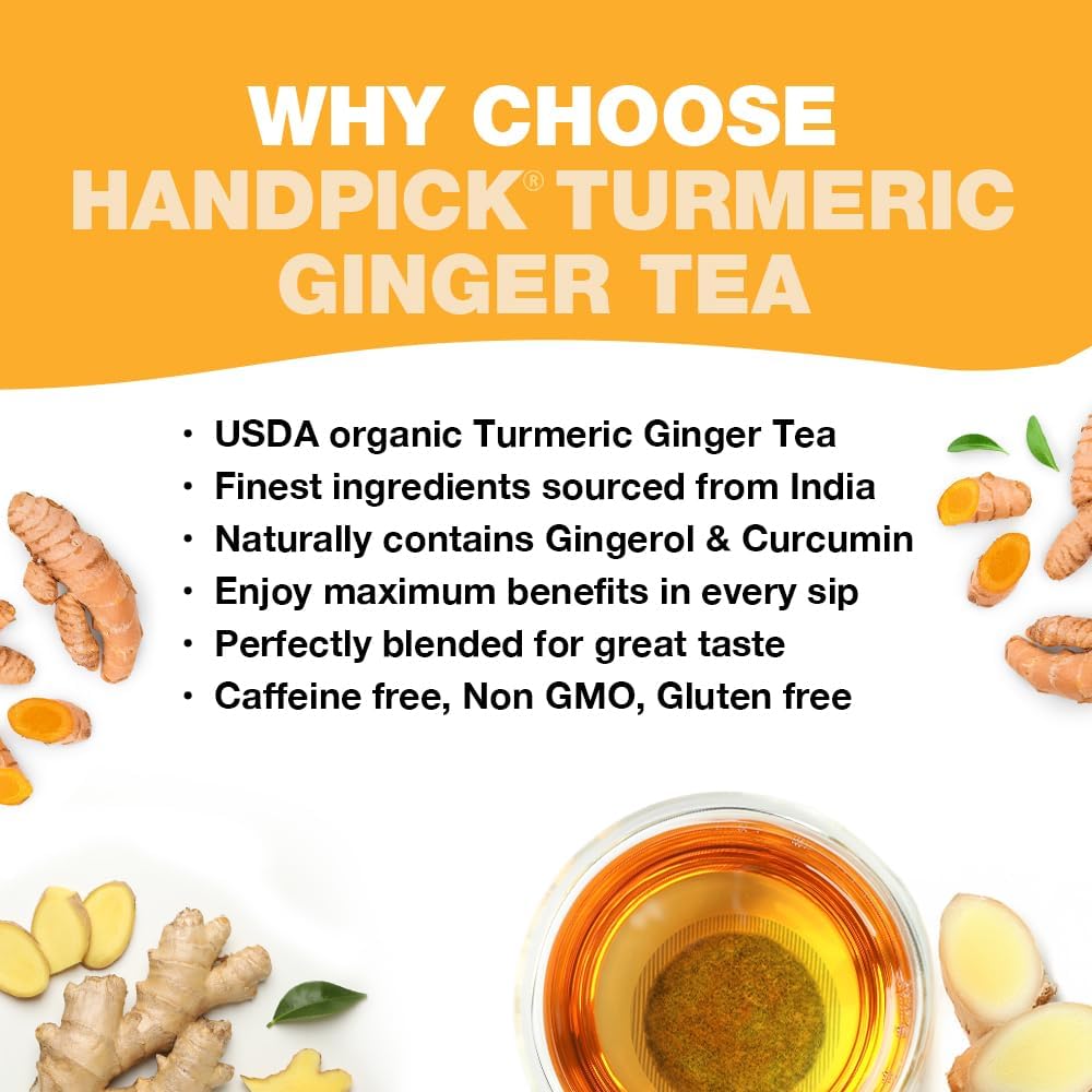 HANDPICK  Turmeric Ginger Tea  100 Eco-Conscious Tea Bags | Caffeine Free  Gluten Free | 100% Pure Herbal Blend - Savory & Spicy