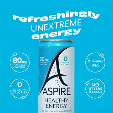 Aspire Healthy Energy Drink, Fruit Punch Flavor, 80mg Natural Caffeine, Zero Sugar, Keto Friendly, 12 Pack